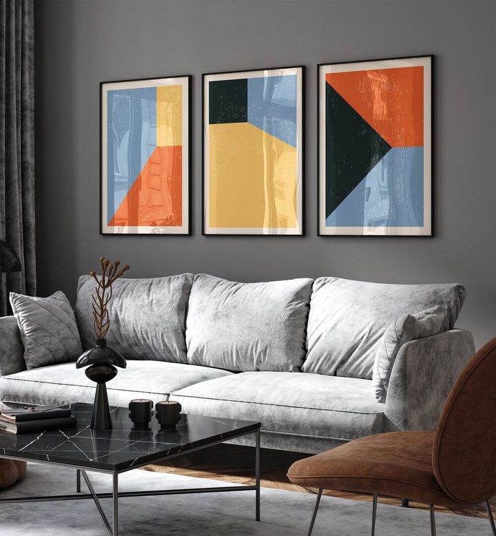 Brighten your space with the COLOURFUL GEO ABSTRACT, SET OF 3 PAINTINGS featuring modern geometric designs.