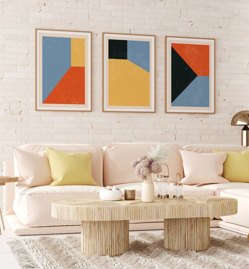 Brighten any room with the COLOURFUL GEO ABSTRACT, SET OF 3 PAINTINGS, featuring modern geometric designs for a stylish touch.