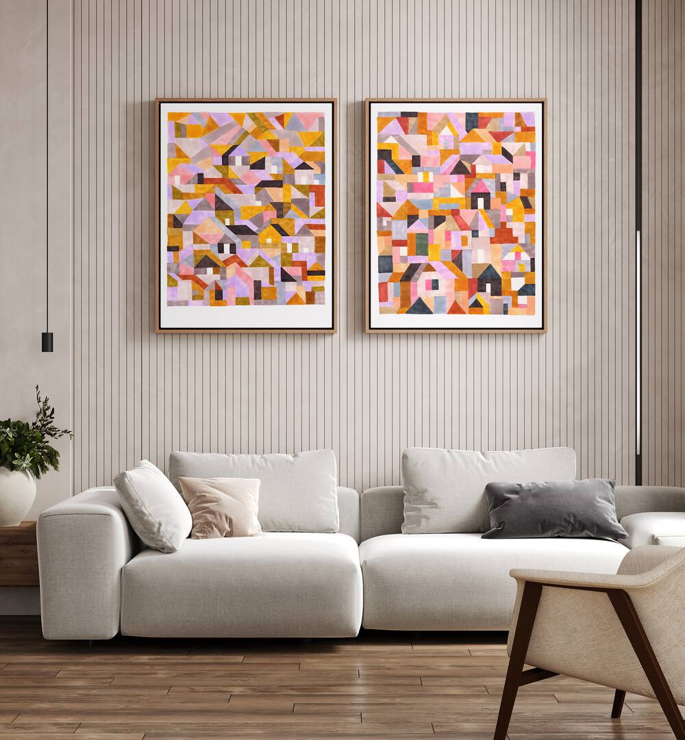 Brighten your space with COLOURFUL RETRO GEO ABSTRACT, SET OF 2 PAINTINGS, showcasing vibrant geometric designs.