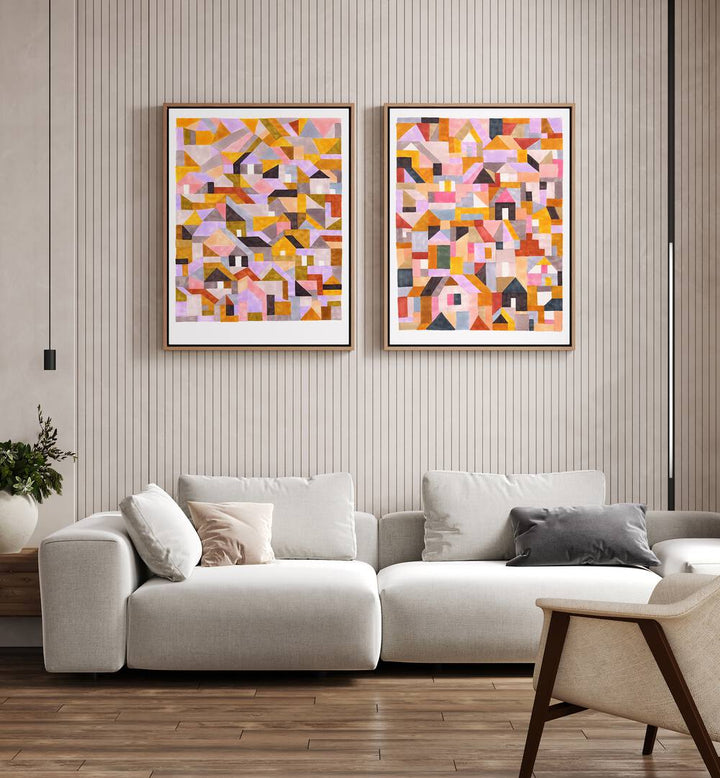 Brighten your space with COLOURFUL RETRO GEO ABSTRACT, SET OF 2 PAINTINGS, showcasing vibrant geometric designs.