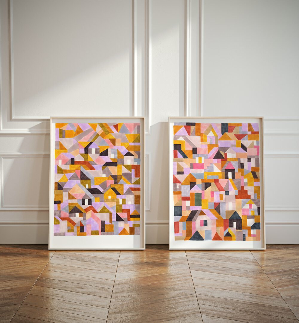 Vibrant COLOURFUL RETRO GEO ABSTRACT, SET OF 2 PAINTINGS, showcasing modern geometric art for stylish living spaces.
