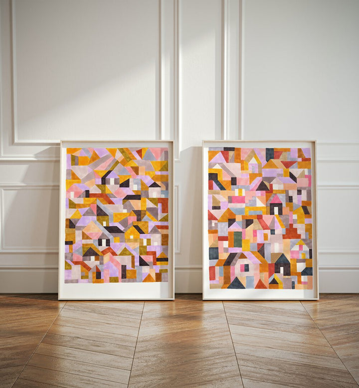 Vibrant COLOURFUL RETRO GEO ABSTRACT, SET OF 2 PAINTINGS, showcasing modern geometric art for stylish living spaces.
