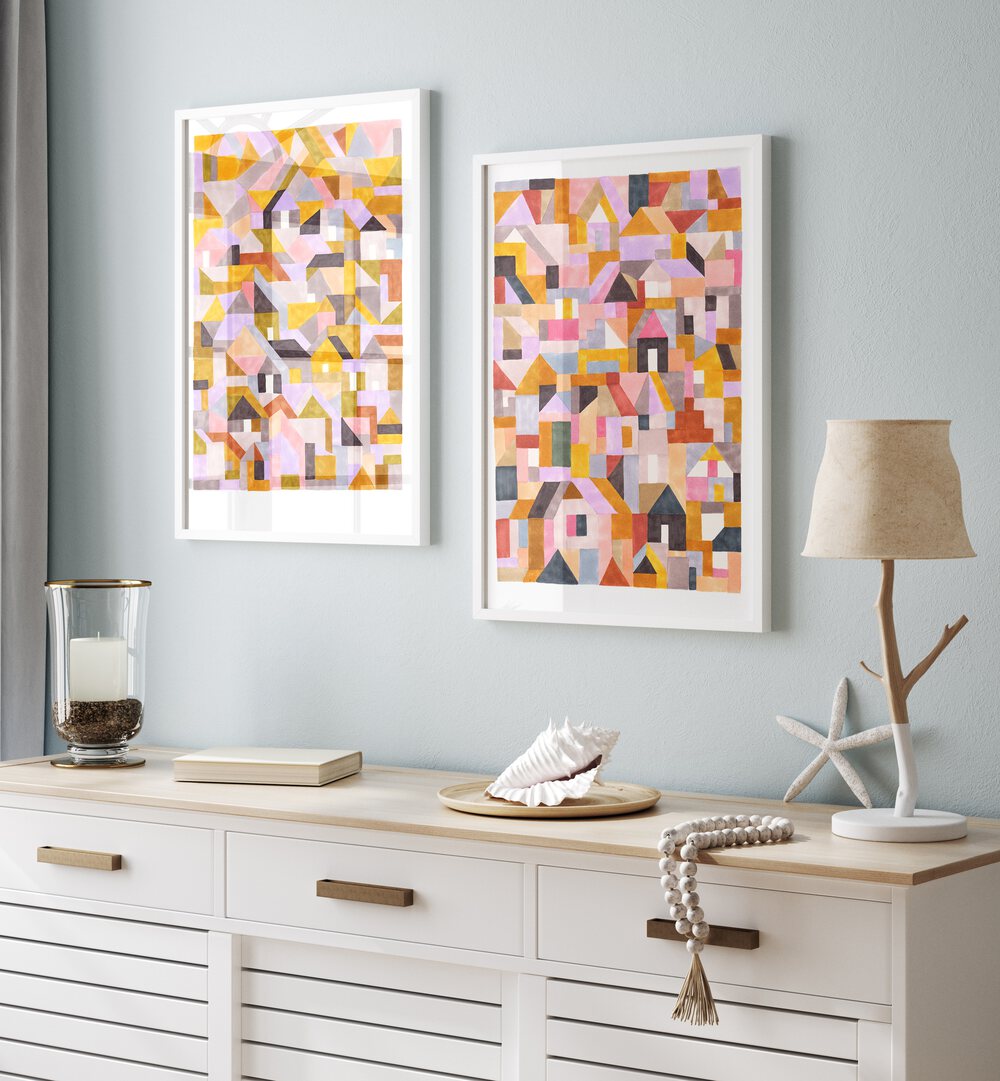 Brighten your space with the COLOURFUL RETRO GEO ABSTRACT, SET OF 2 PAINTINGS featuring vibrant geometric designs.