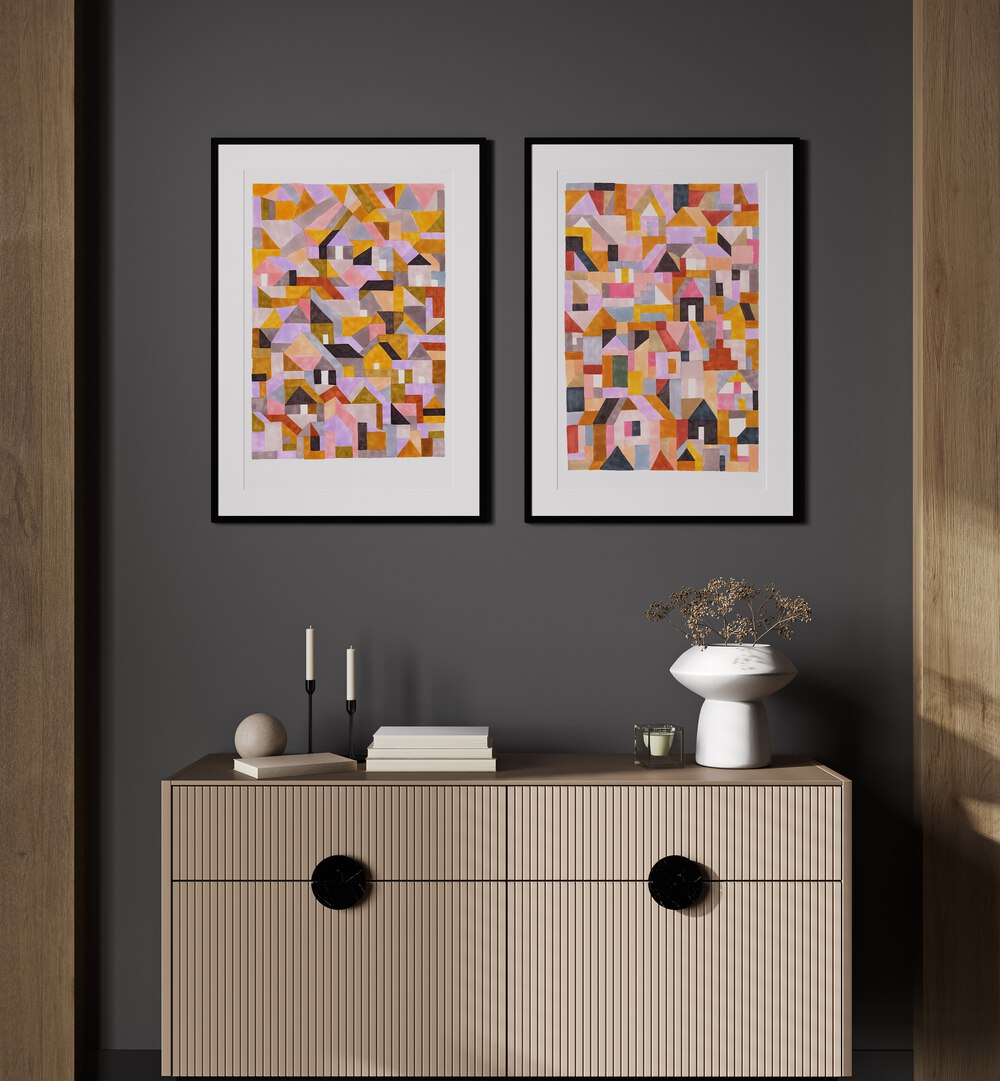 Brighten up your space with the COLOURFUL RETRO GEO ABSTRACT, SET OF 2 PAINTINGS featuring vibrant geometric designs.