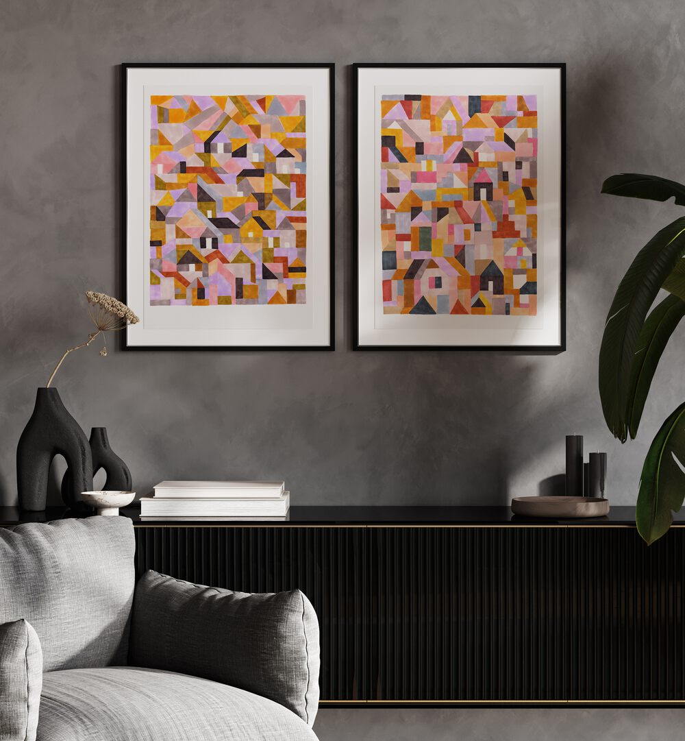 Vibrant COLOURFUL RETRO GEO ABSTRACT, SET OF 2 PAINTINGS, enhancing modern living spaces with geometric charm.
