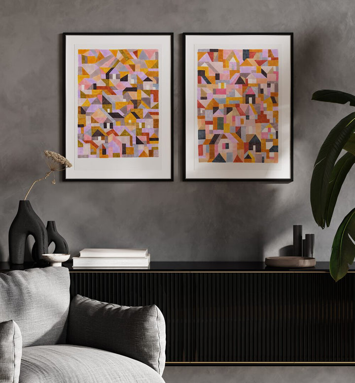 Vibrant COLOURFUL RETRO GEO ABSTRACT, SET OF 2 PAINTINGS, enhancing modern living spaces with geometric charm.