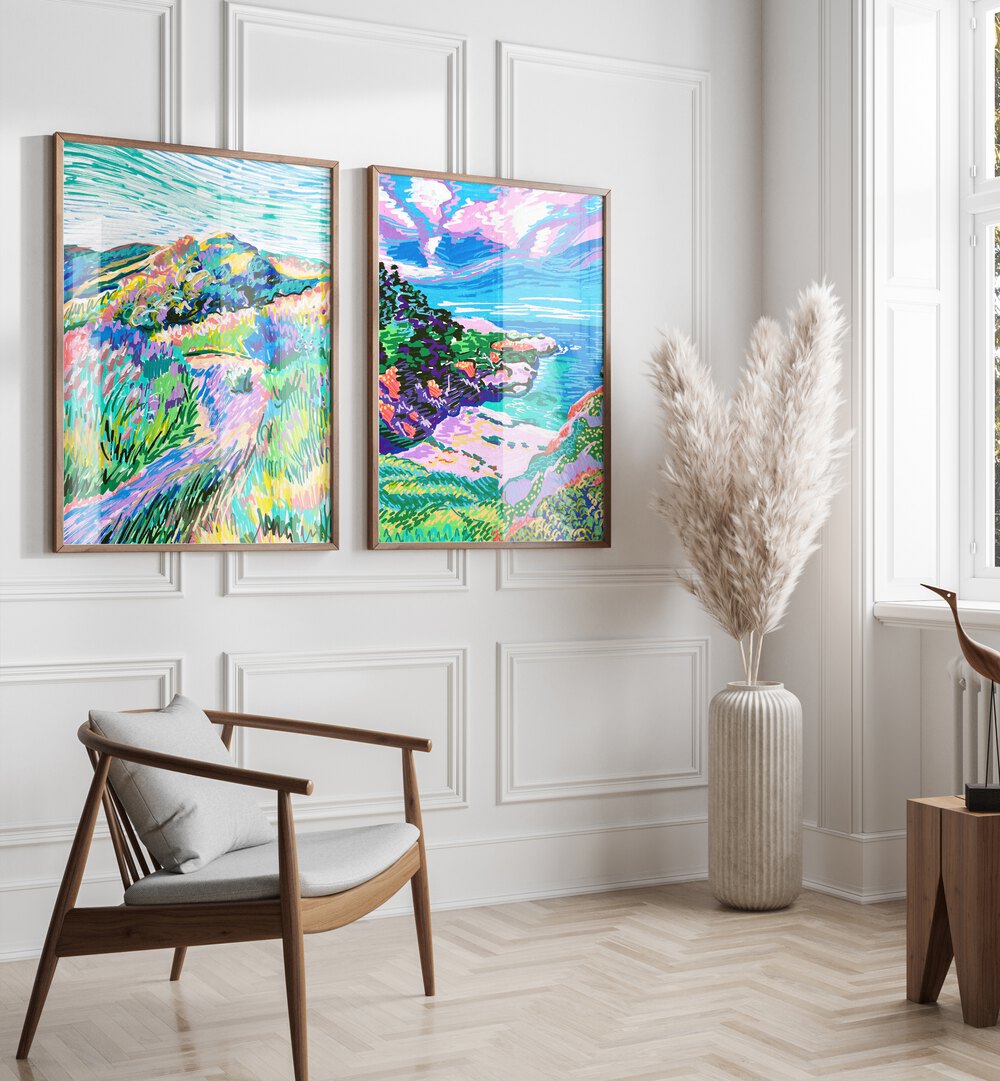 Elevate your decor with the COVE BEACH SET, SET OF 2 PAINTINGS, showcasing vibrant coastal landscapes.