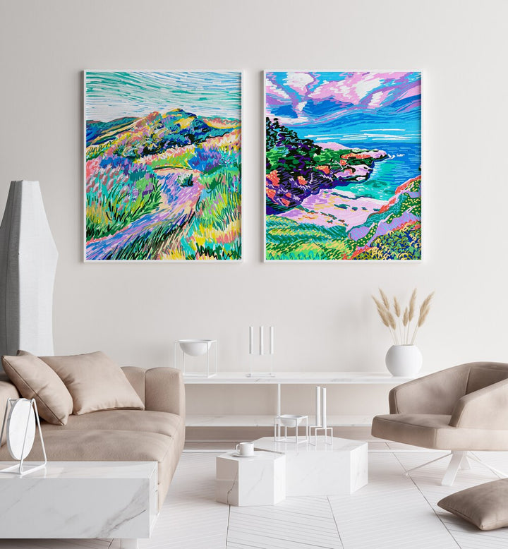 Brighten your home with the COVE BEACH SET, SET OF 2 PAINTINGS showcasing vibrant coastal scenery.