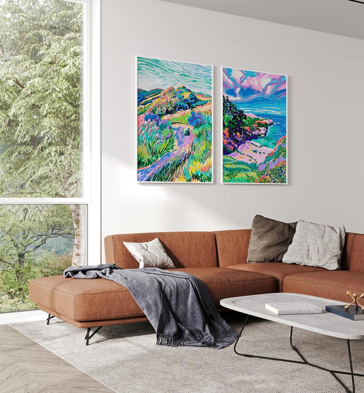 Transform your space with the COVE BEACH SET, SET OF 2 PAINTINGS, showcasing vibrant coastal scenery.