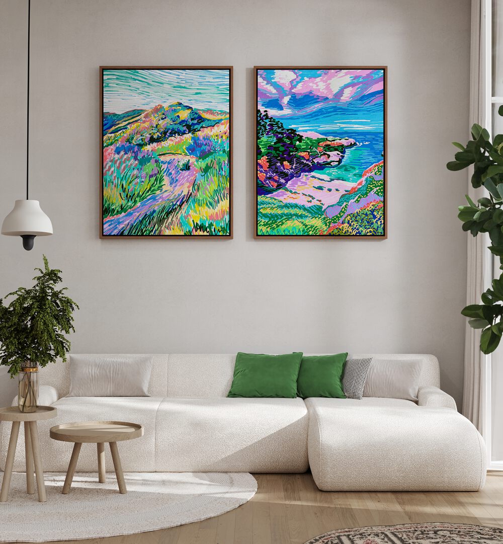 Transform your space with the COVE BEACH SET, SET OF 2 PAINTINGS, showcasing vibrant coastal landscapes.
