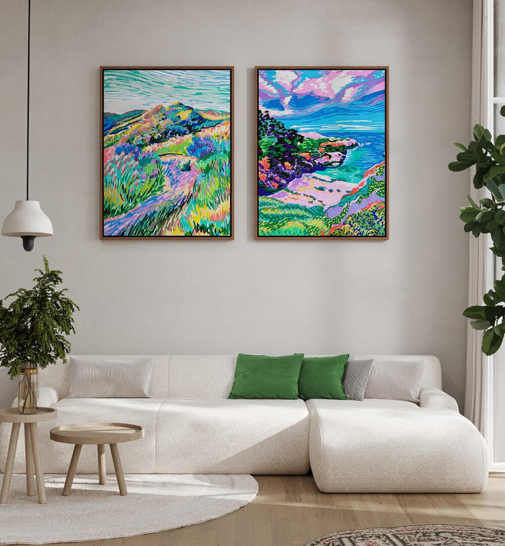 Transform your space with the COVE BEACH SET, SET OF 2 PAINTINGS, showcasing vibrant coastal landscapes.