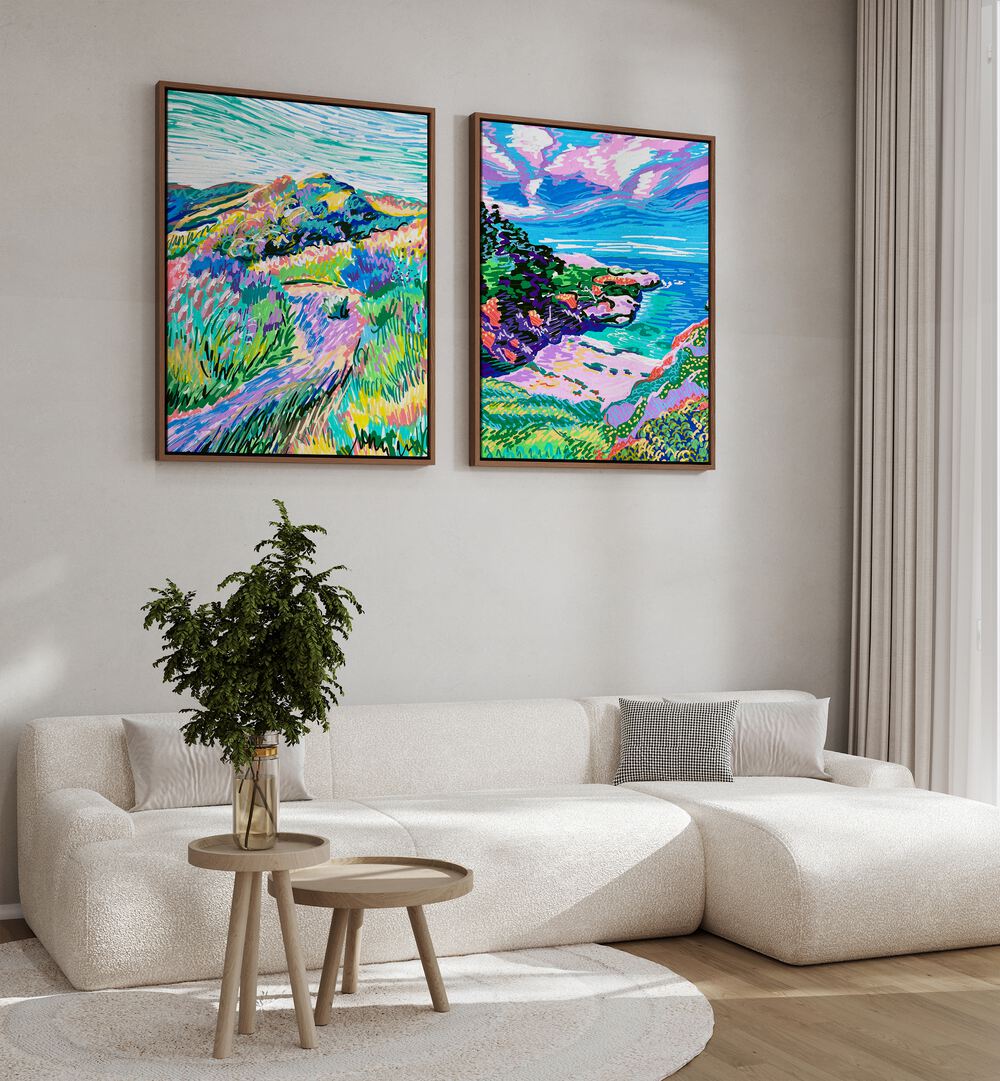 Brighten your home with the COVE BEACH SET, SET OF 2 PAINTINGS, showcasing vibrant coastal landscapes.