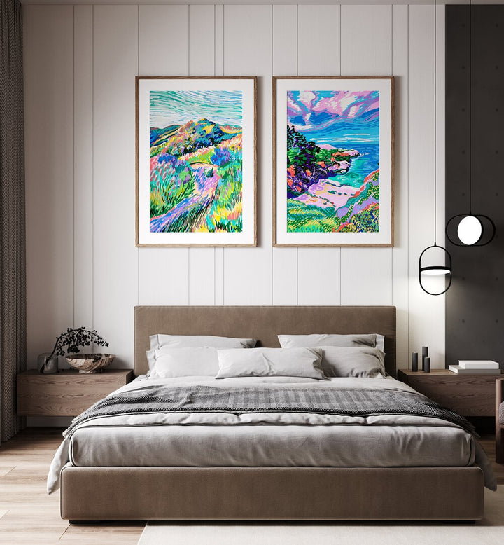 Brighten your home with the COVE BEACH SET, SET OF 2 PAINTINGS, showcasing vibrant coastal landscapes.
