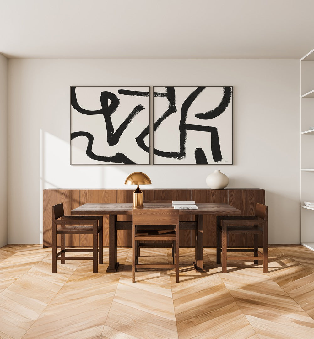 Transform your space with the CURVY LINES SET, SET OF 2 PAINTINGS featuring bold black strokes on white backgrounds.