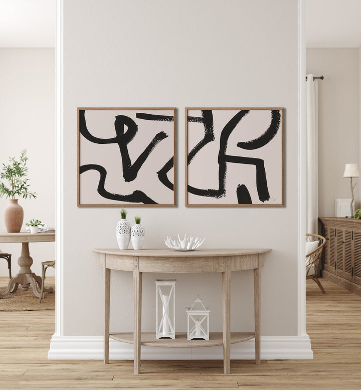 Elevate your decor with the CURVY LINES SET, SET OF 2 PAINTINGS featuring bold black strokes on white backgrounds.