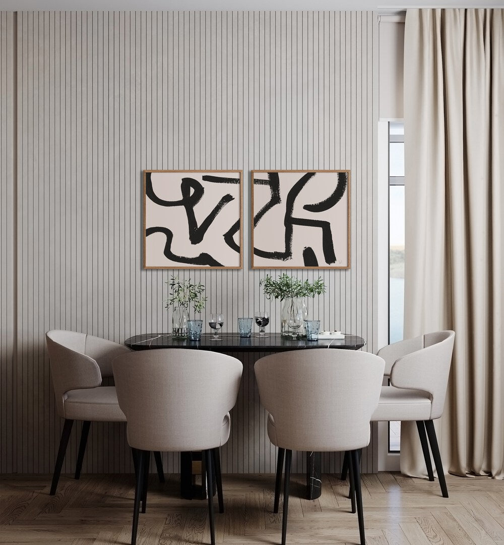 Stylish CURVY LINES SET, SET OF 2 PAINTINGS, featuring bold black strokes on a white background, perfect for modern decor.