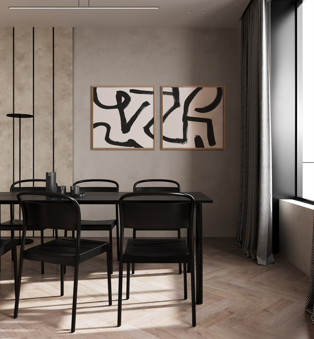 Stylish CURVY LINES SET, SET OF 2 PAINTINGS with bold black strokes enhances modern interiors beautifully.