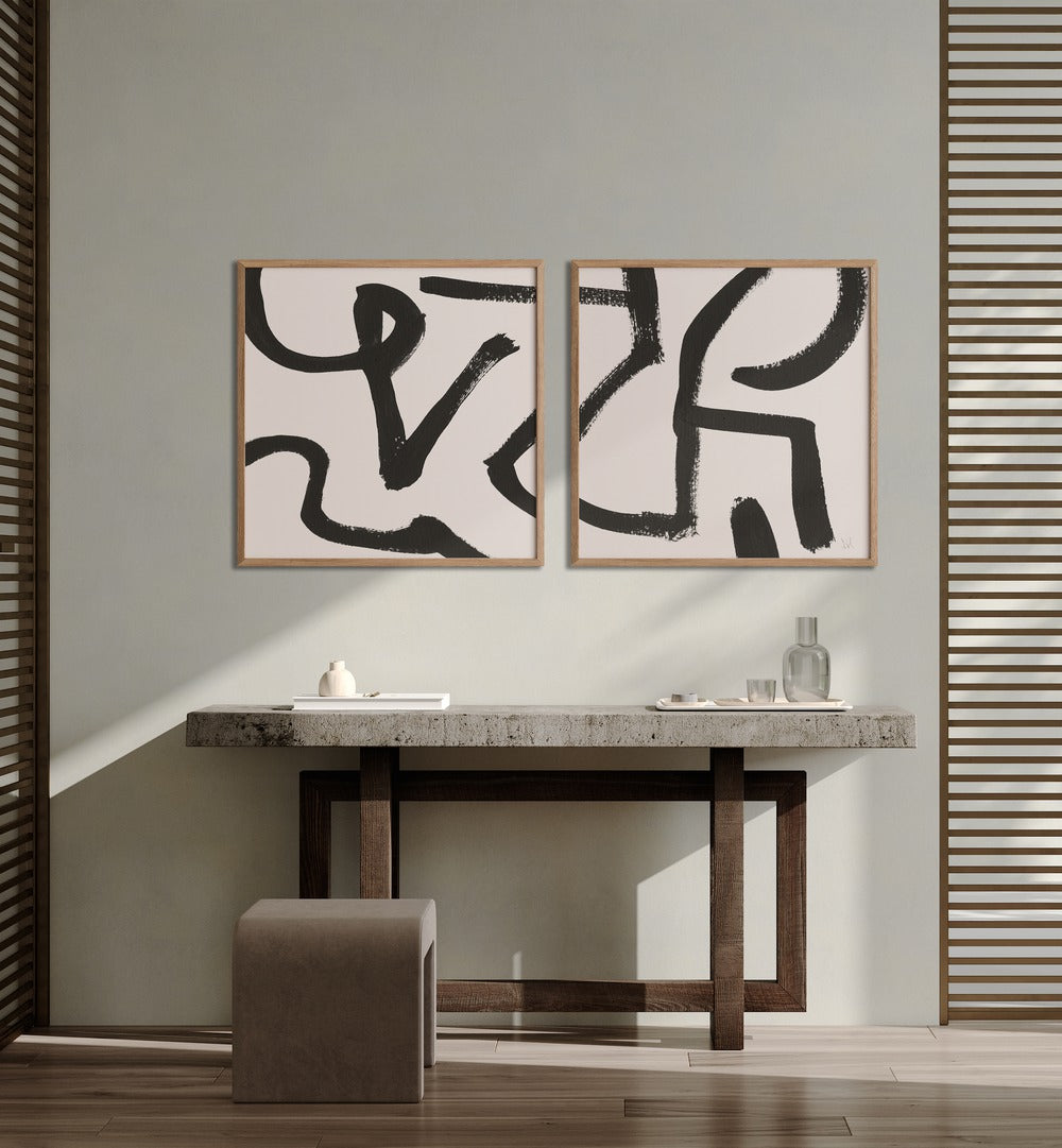 Stylish CURVY LINES SET, SET OF 2 PAINTINGS features bold black strokes on white, perfect for modern decor.