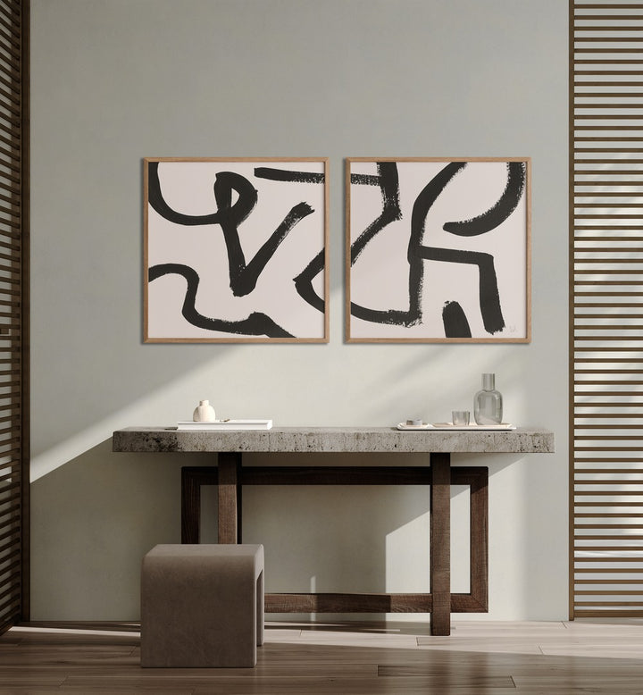 Stylish CURVY LINES SET, SET OF 2 PAINTINGS features bold black strokes on white, perfect for modern decor.