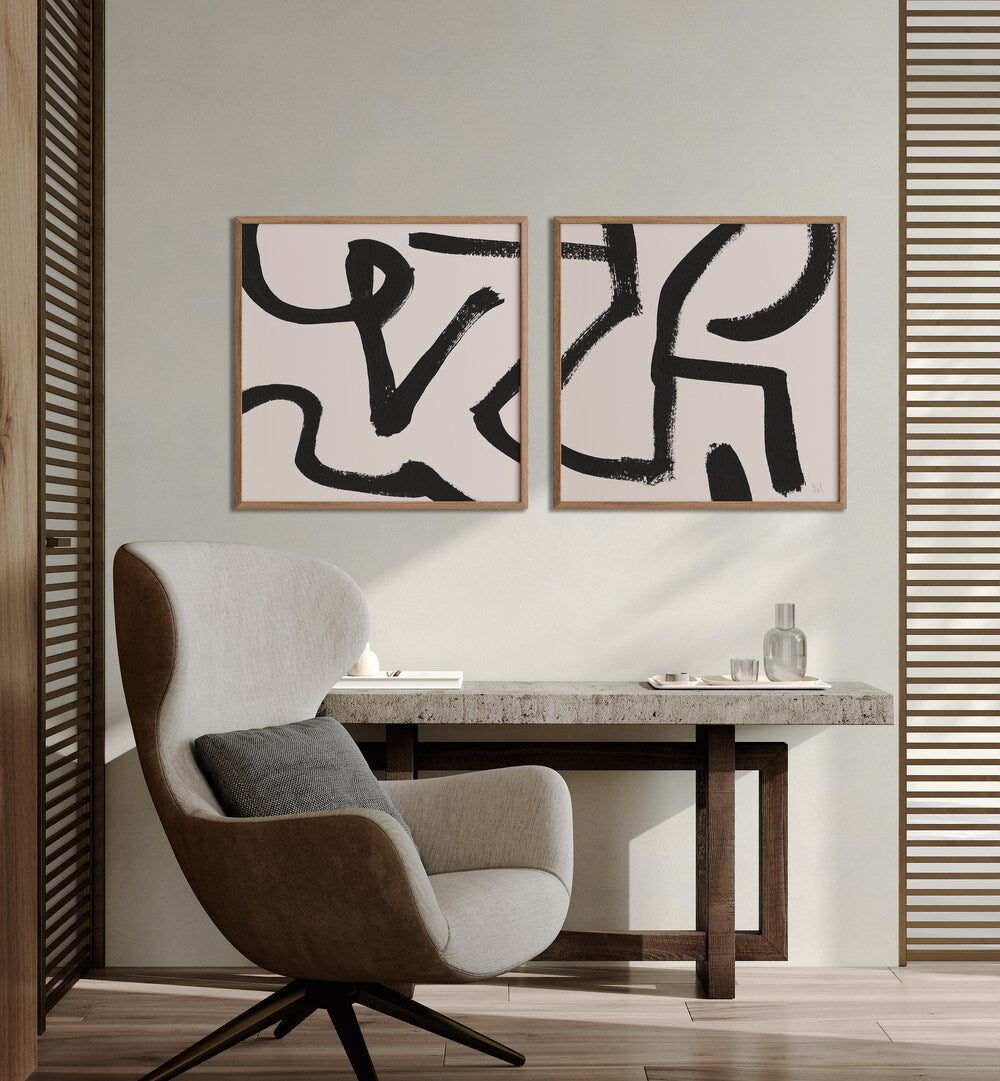 Bold black brush strokes contrast beautifully in the CURVY LINES SET, SET OF 2 PAINTINGS, perfect for modern decor.