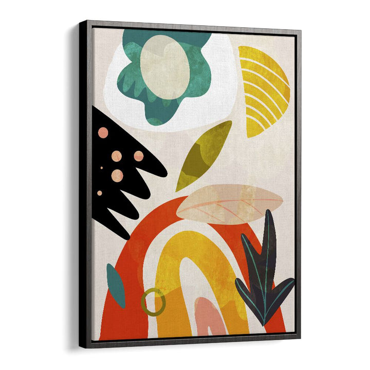 Colorful abstract design featuring "CUTOUTS BAUHAUS II KOPIE, ABSTRACT PAINTINGS" by Ana Rut Bre in a black floater frame.