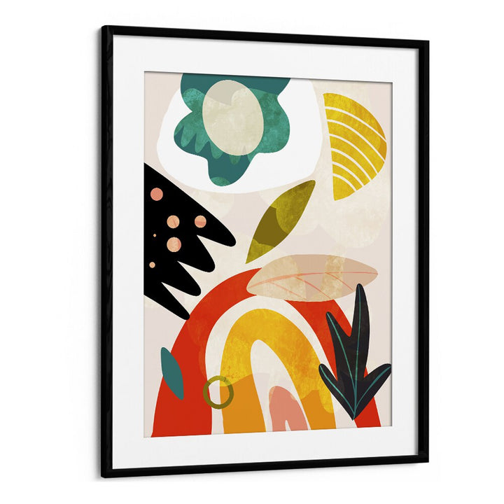 Colorful abstract design featuring "CUTOUTS BAUHAUS II KOPIE, ABSTRACT PAINTINGS" by Ana Rut Bre in a modern frame.