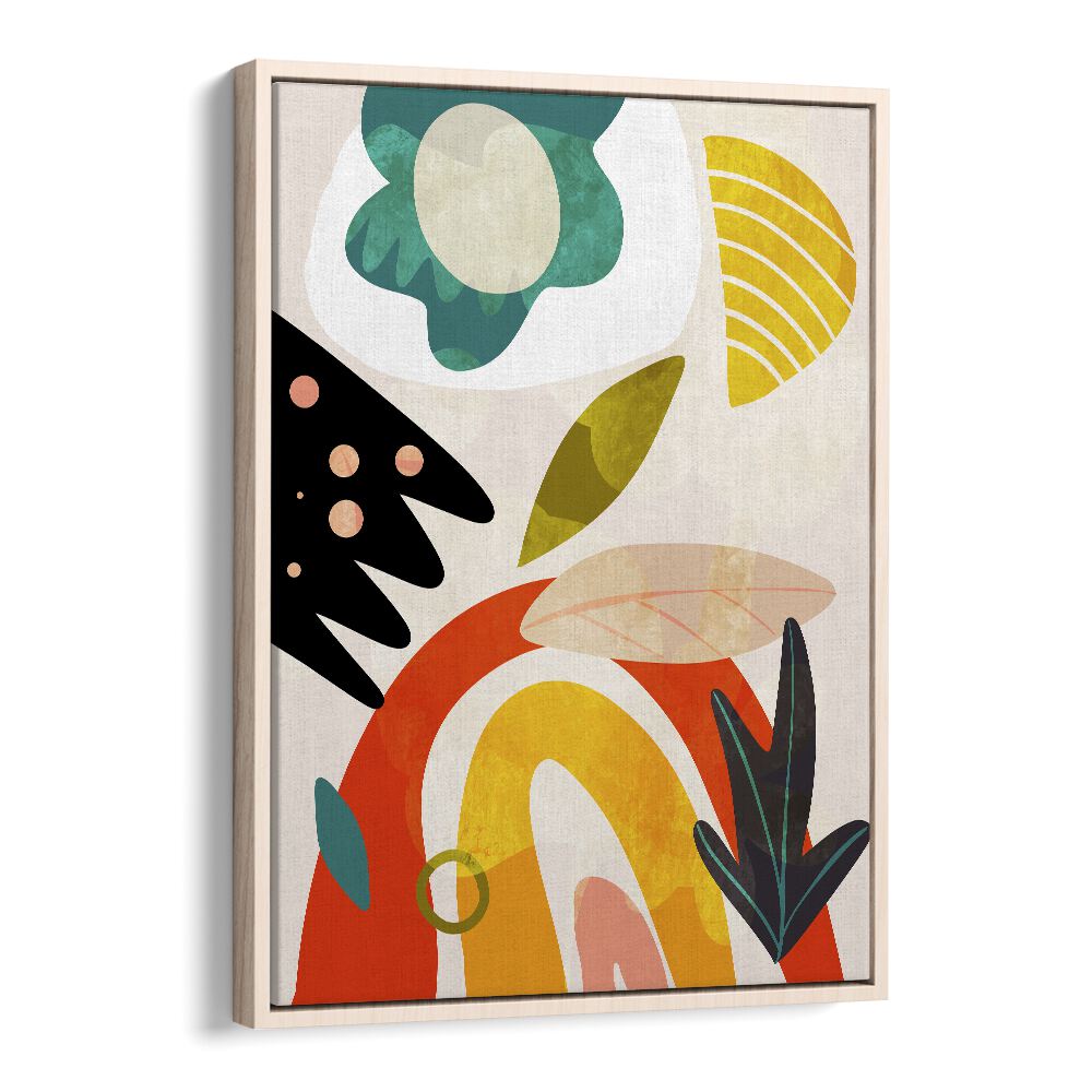 Colorful "CUTOUTS BAUHAUS II KOPIE, ABSTRACT PAINTINGS" artwork by Ana Rut Bre, framed in oak wood for modern decor.