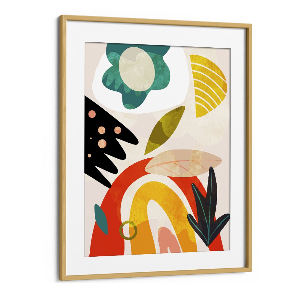 Colorful abstract composition featuring CUTOUTS BAUHAUS II KOPIE, ABSTRACT PAINTINGS by Ana Rut Bre in a stylish frame.