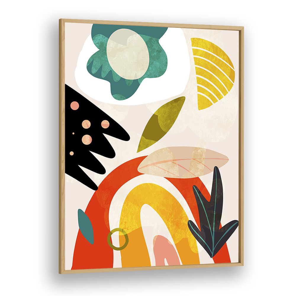 Colorful abstract artwork "CUTOUTS BAUHAUS II KOPIE , ABSTRACT PAINTINGS" by Ana Rut Bre in an oak wood frame.