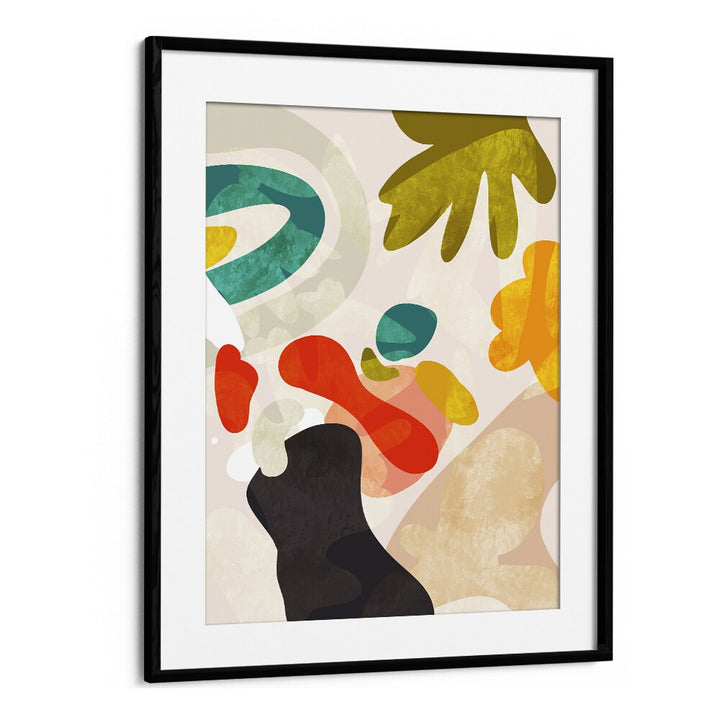Colorful abstract composition in a black frame, showcasing CUTOUTS BAUHAUS III KOPIE, ABSTRACT PAINTINGS by Ana Rut Bre.