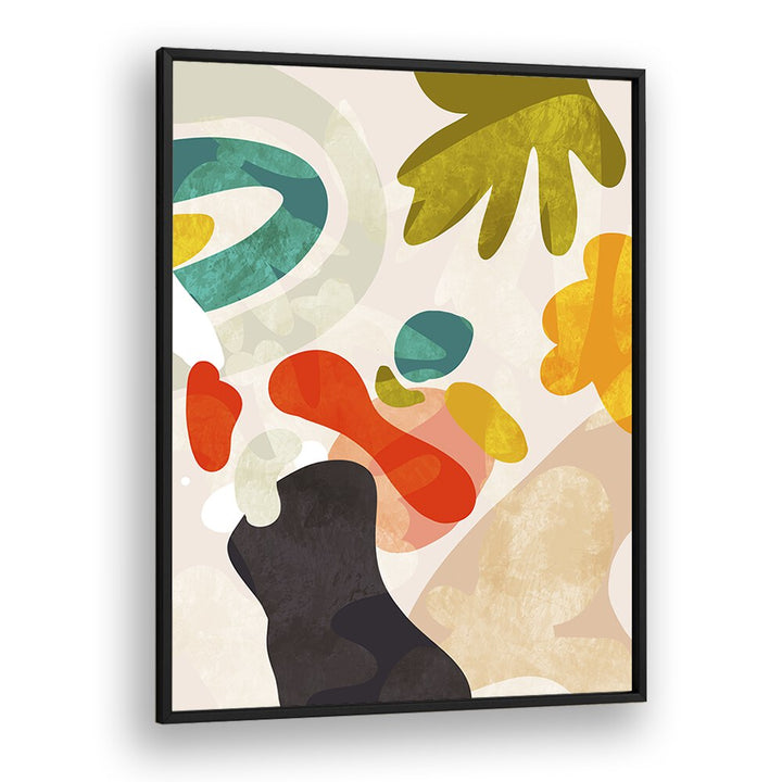 Colorful abstract shapes in a black frame, showcasing CUTOUTS BAUHAUS III KOPIE, ABSTRACT PAINTINGS by Ana Rut Bre.