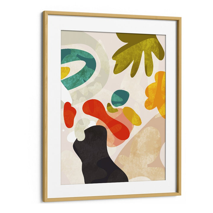 Colorful abstract painting, "CUTOUTS BAUHAUS III KOPIE , ABSTRACT PAINTINGS," framed in oak by Ana Rut Bre.
