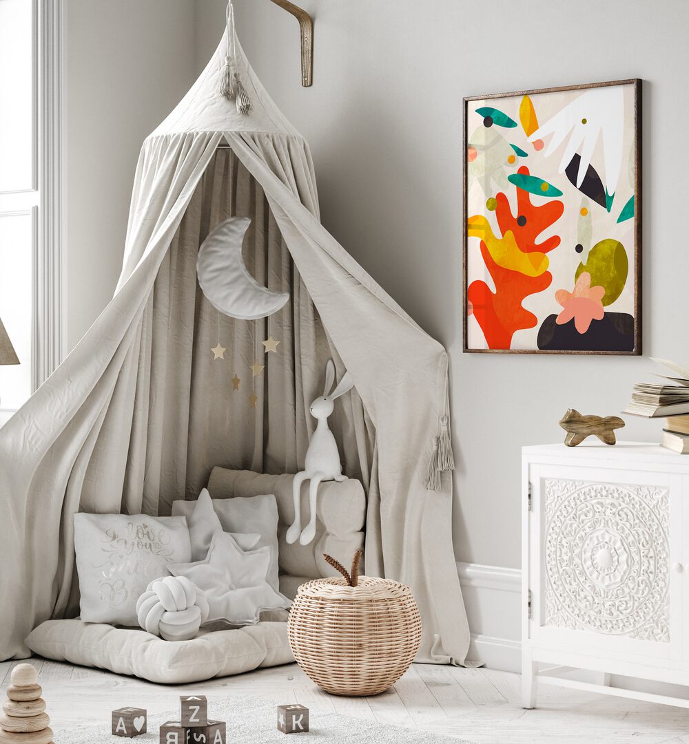 Colorful abstract painting "Cutouts Bauhaus IV Kopie" by Ana Rut Bre enhances modern spaces with artistic flair.