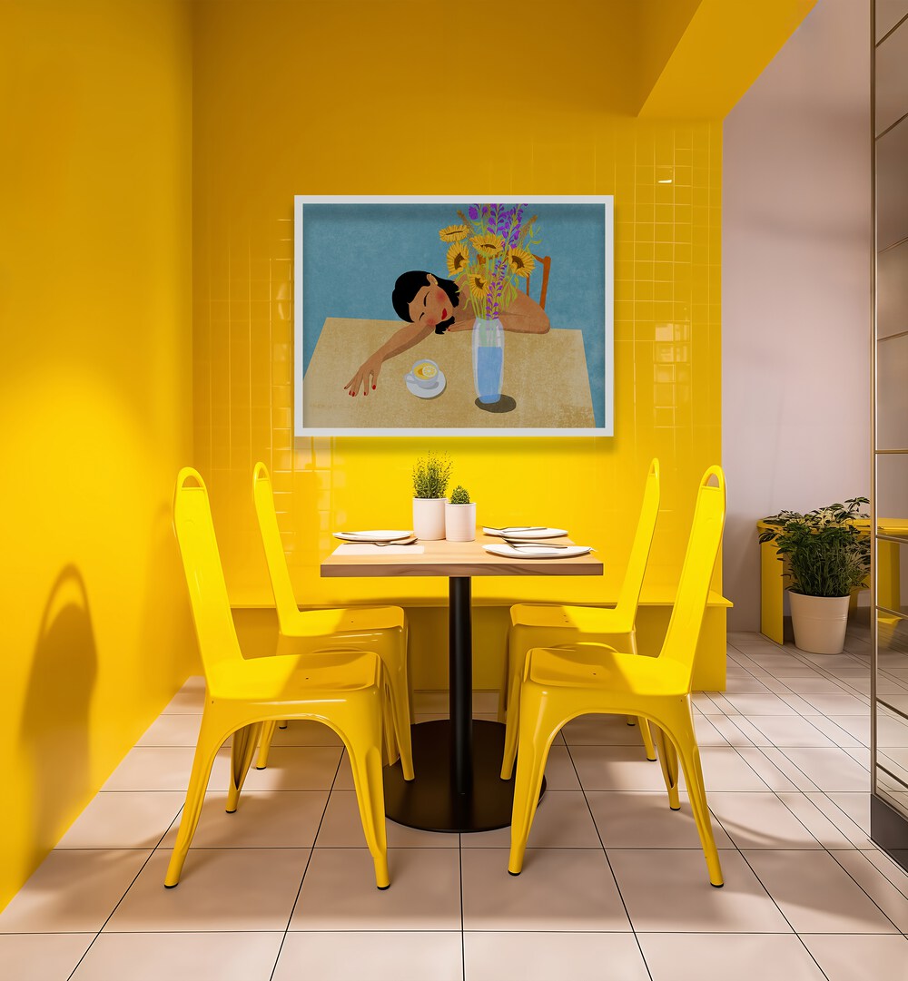 Bright yellow interior features "DAY DREAMING, VIBRANT" art print, enhancing the creative atmosphere of any space.