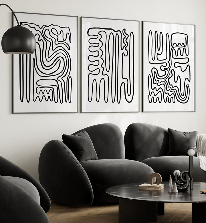 Stylish living room featuring the contemporary DOODLE ART, SET OF 3 PAINTINGS, perfect for modern decor.