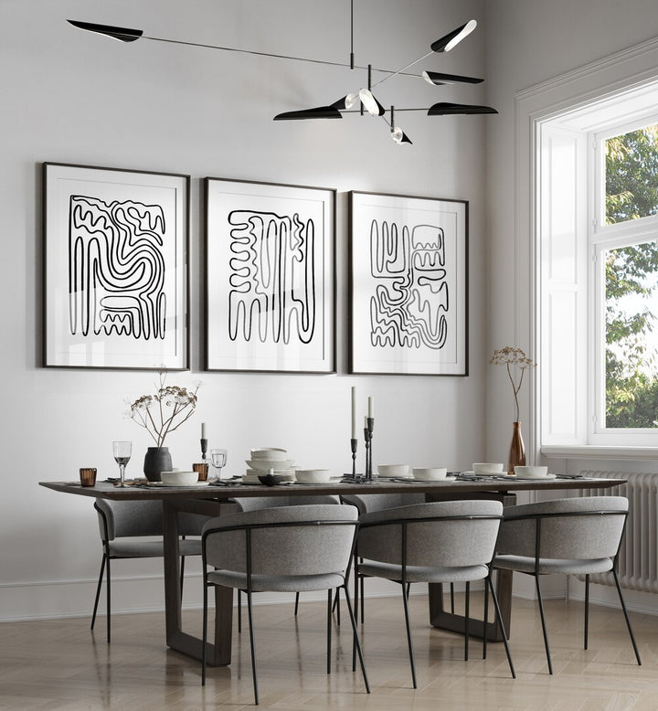 Elegant living space featuring the DOODLE ART, SET OF 3 PAINTINGS, showcasing contemporary bohemian designs.