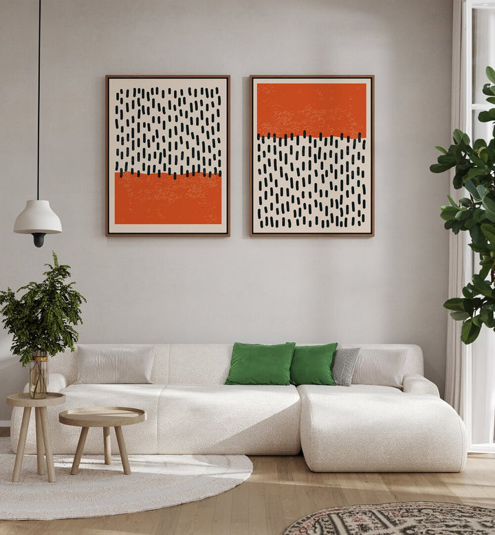 Transform your space with the DOTS & STROKES set of 2 paintings, featuring vibrant orange and deep black designs.