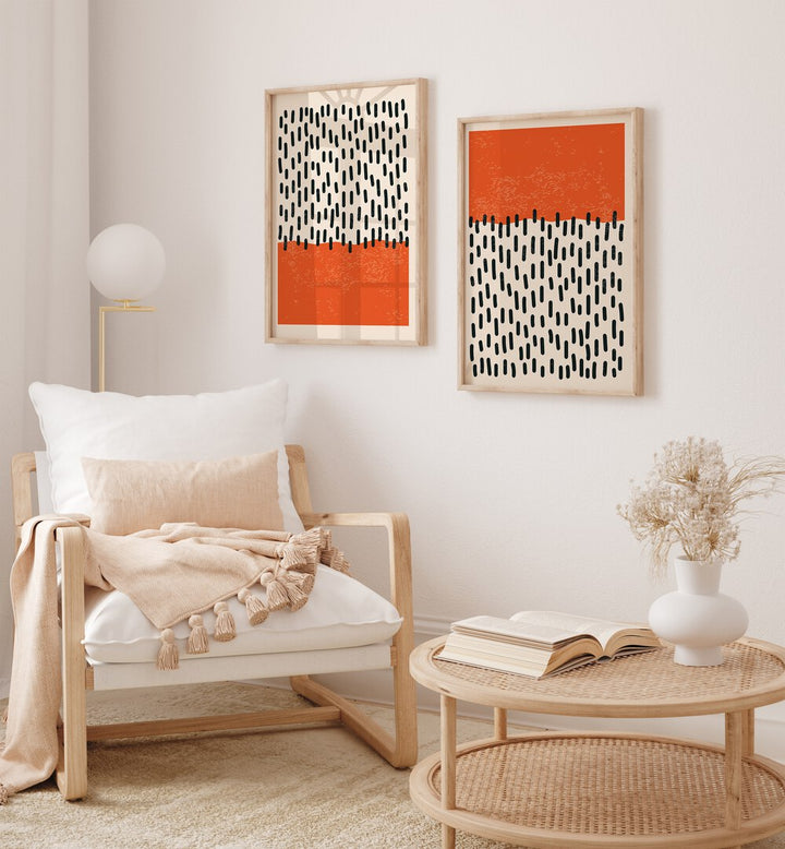 Brighten your space with DOTS & STROKES, SET OF 2 PAINTINGS featuring bold orange and black designs.