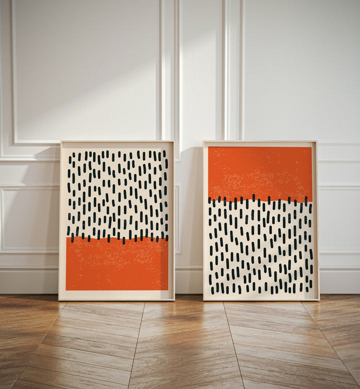 Stylish DOTS & STROKES set of 2 paintings in vibrant orange and deep black, perfect for modern home decor.