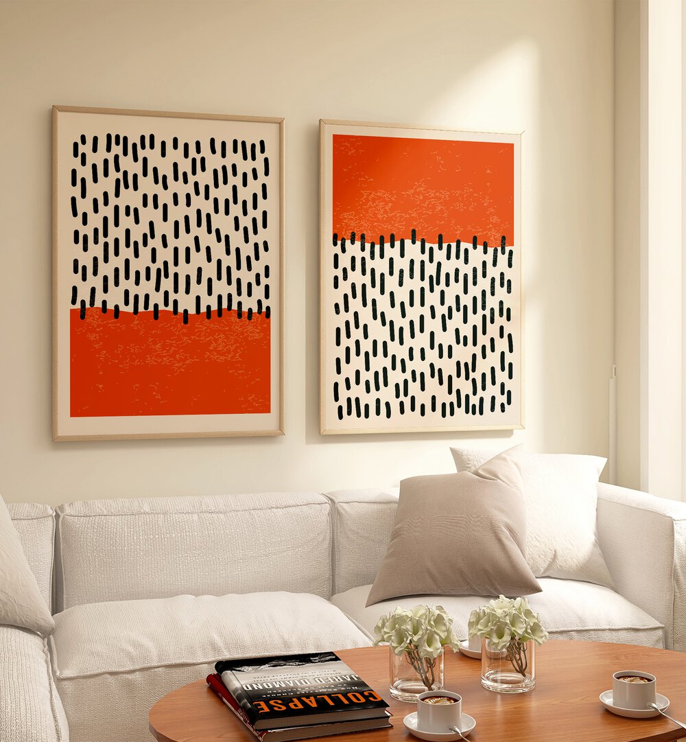 Transform your space with the DOTS & STROKES, SET OF 2 PAINTINGS showcasing vibrant orange and bold black patterns.