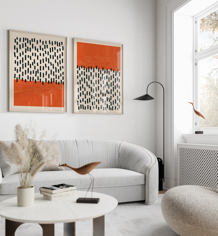 Stylish DOTS & STROKES set of 2 paintings in vibrant orange and black, perfect for modern home decor.