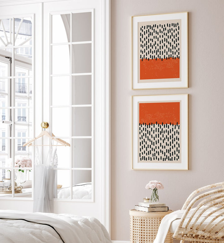 Transform your space with the DOTS & STROKES set of 2 paintings, featuring vibrant orange and deep black design elements.