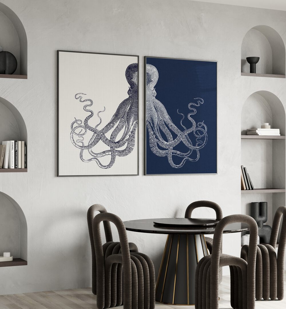 Elegant octopus designs in navy tones, perfect for your space—ELEGANCE OF THE DEEP: OCTOPUS, SET OF 2 PAINTINGS.