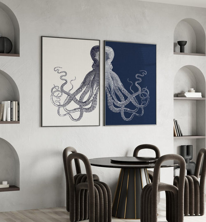 Elegant octopus designs in navy tones, perfect for your space—ELEGANCE OF THE DEEP: OCTOPUS, SET OF 2 PAINTINGS.