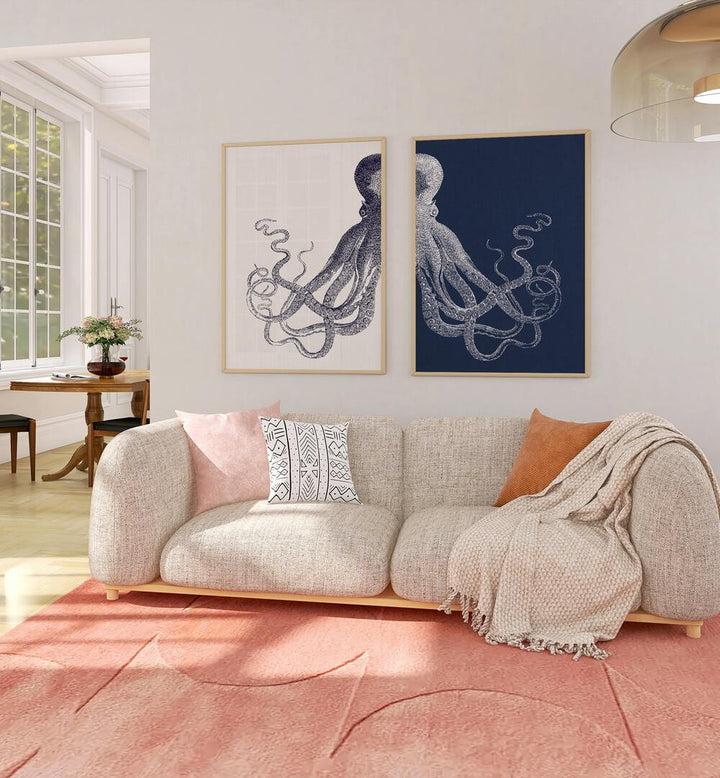 ELEGANCE OF THE DEEP: OCTOPUS, SET OF 2 PAINTINGS enhances your home with stunning octopus artwork in navy tones.