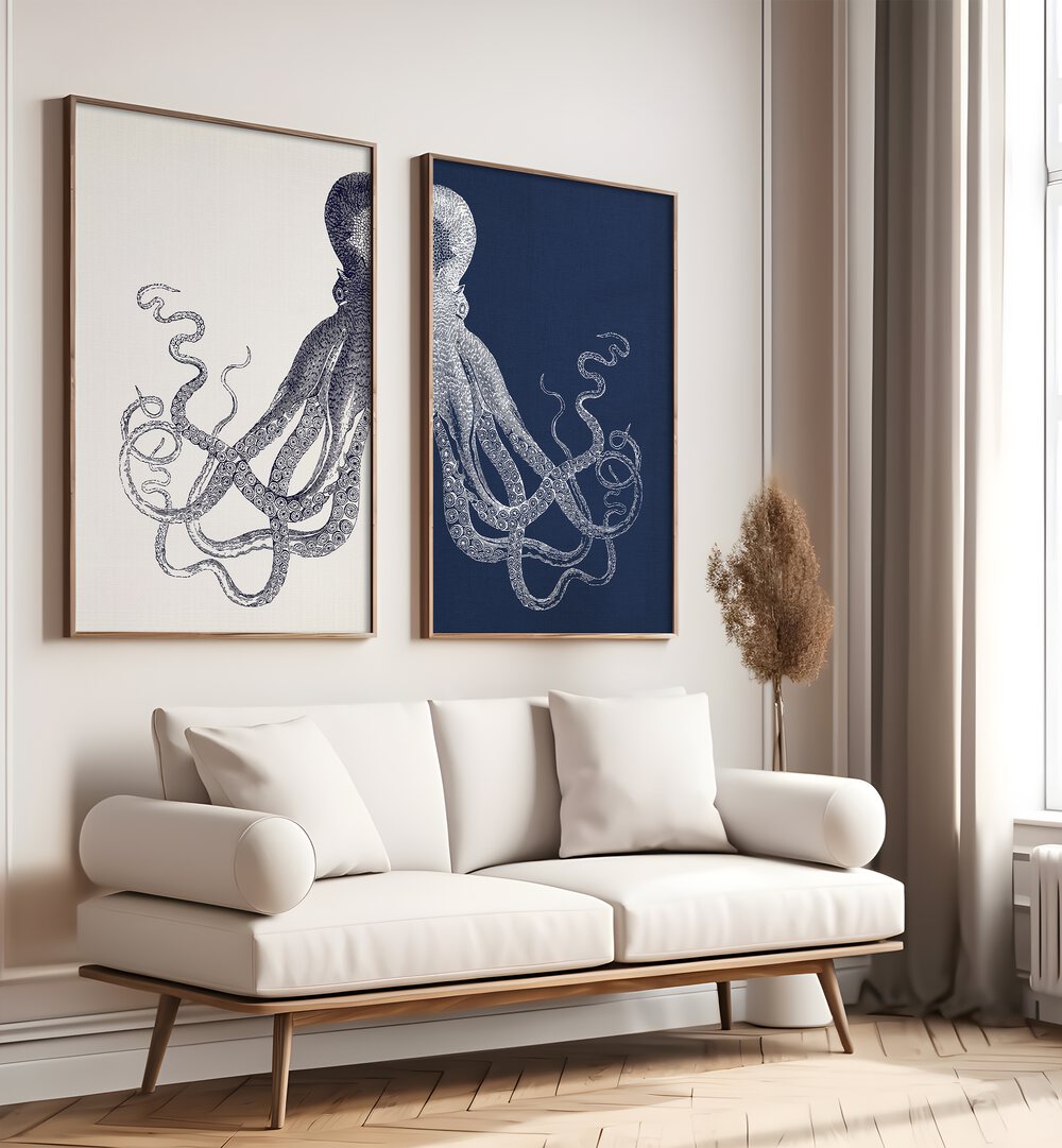 ELEGANCE OF THE DEEP: OCTOPUS, SET OF 2 PAINTINGS, showcasing stunning octopus art in rich navy tones for elegant decor.