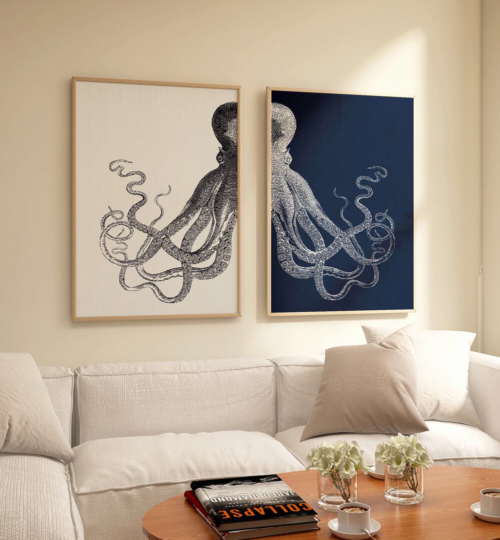 Elegant octopus designs in navy and cream from the ELEGANCE OF THE DEEP: OCTOPUS, SET OF 2 PAINTINGS collection.