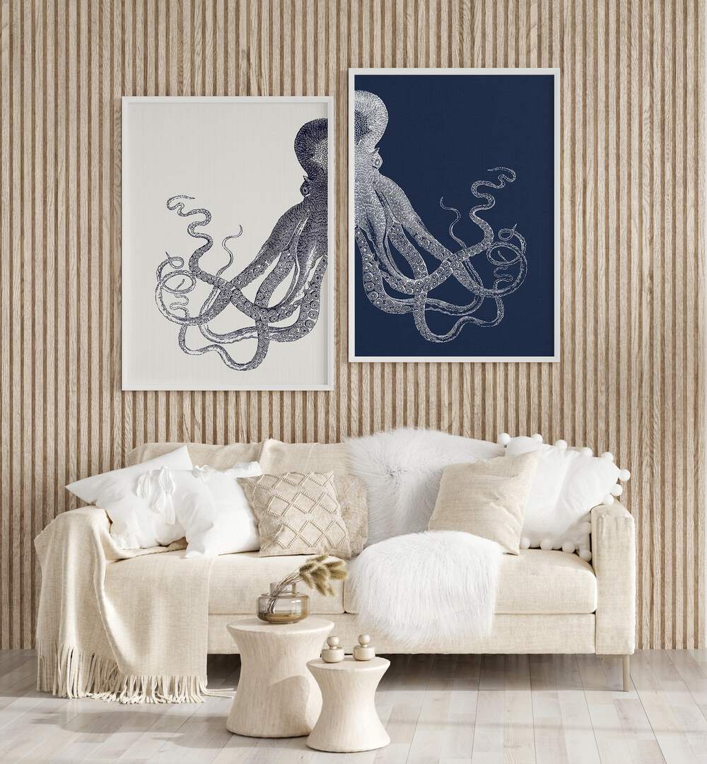 Transform your space with ELEGANCE OF THE DEEP: OCTOPUS, SET OF 2 PAINTINGS featuring stunning navy octopus art.