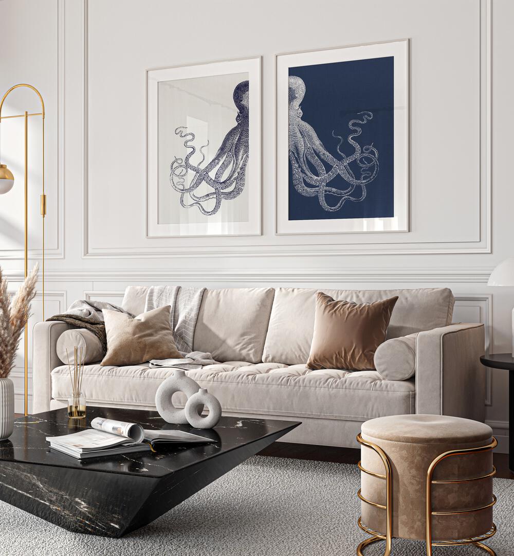 Stylish ELEGANCE OF THE DEEP: OCTOPUS, SET OF 2 PAINTINGS enhances your space with oceanic charm and navy tones.