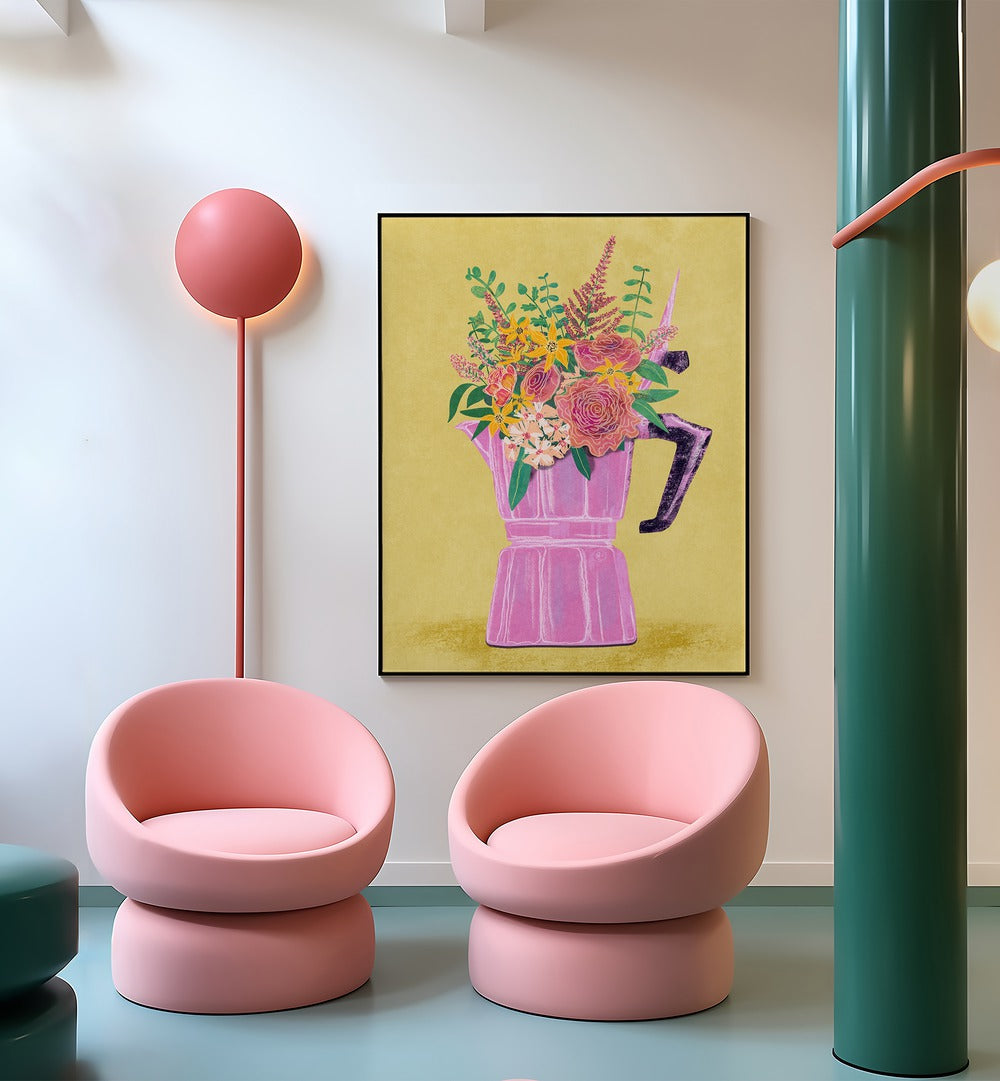 Colorful floral painting featuring an espresso maker, perfect for elevating your space with elegance.